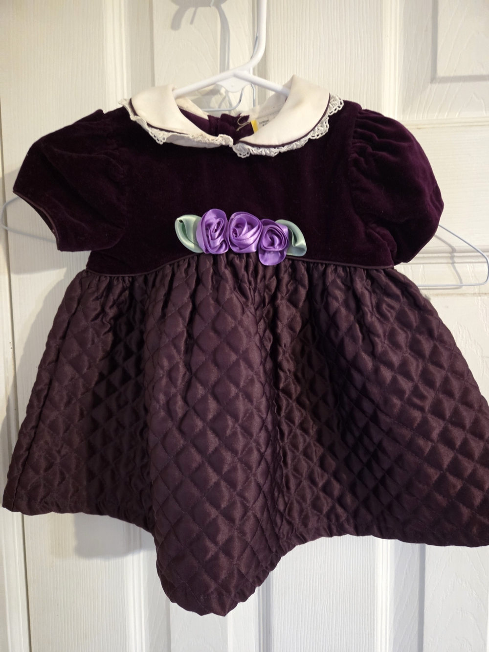 Girls Velvet & Quilted Rose Accent Dress in Deep Plum